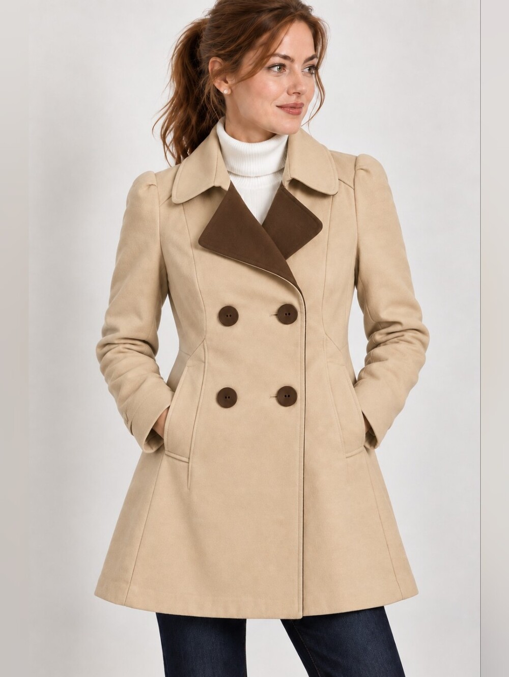 RMEO Double Breasted Mid-length Biege Coat. Size 2/4